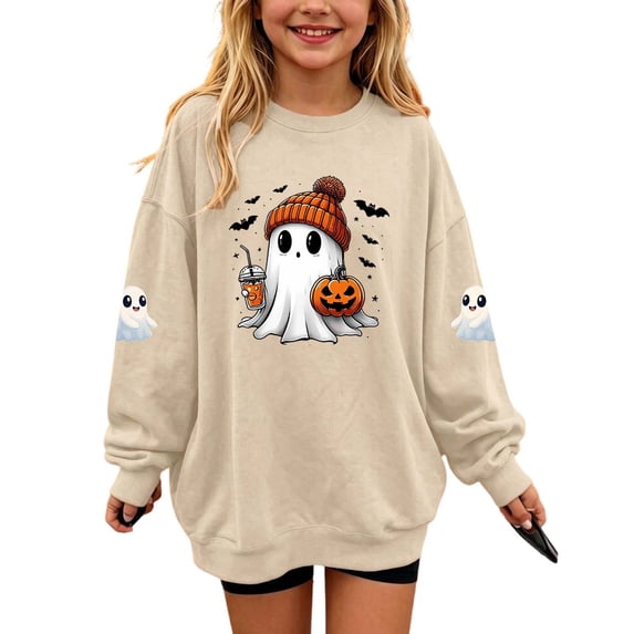 OGLCCG Halloween Sweatshirt for Girl Ghost Pumpkin Prints Cute Crewneck Long Sleeve Tops Festival Pullover Tops,Size 7