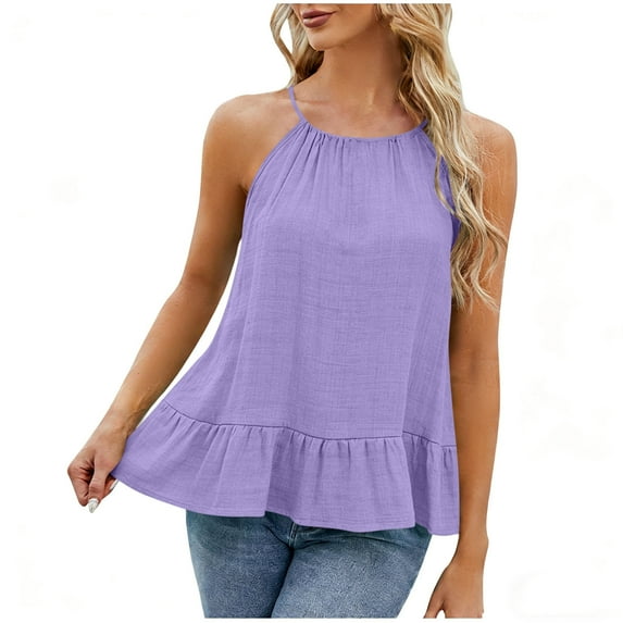 OGLCCG Halter Tops for Women Ruffle Hem Sleeveless Spaghetti Strap Flowy Beach Summer Camisole Tops Solid Color Casual Tank Tops,S,Purple