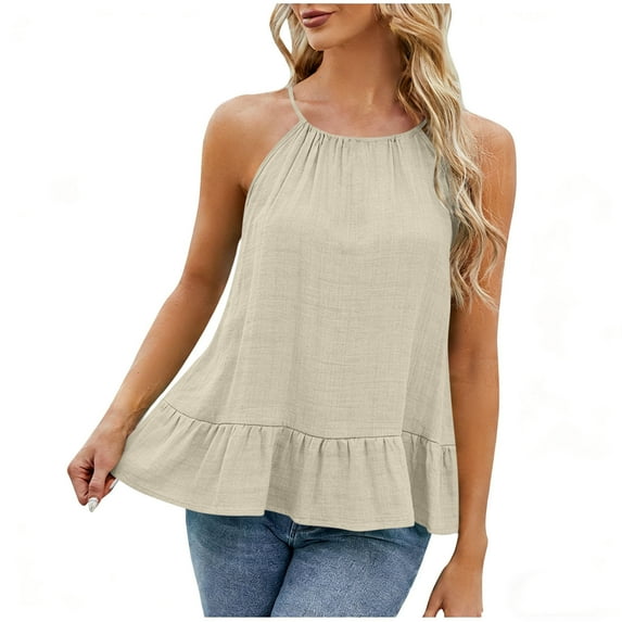 OGLCCG Halter Tops for Women Ruffle Hem Sleeveless Spaghetti Strap Flowy Beach Summer Camisole Tops Solid Color Casual Tank Tops,XL,Khaki