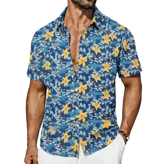 OGLCCG Hawaiian Shirt for Men Short Sleeve Floral Button Down Tops Summer Tropical Holiday Beach T Shirts,XL,Yellow 1