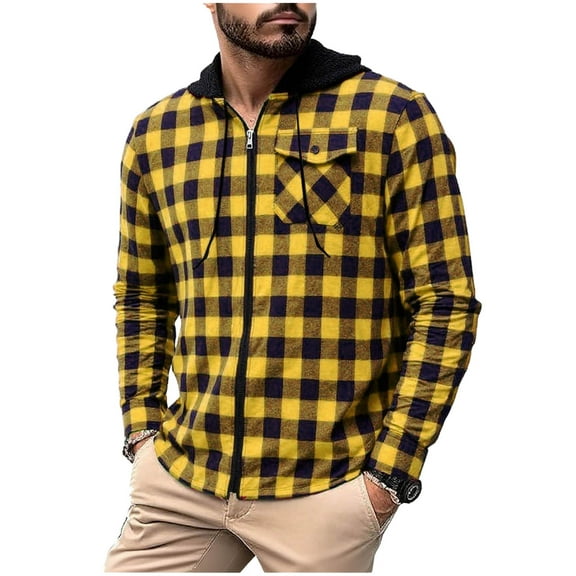 OGLCCG Hooded Shirt for Men Casual Zip Up Plaid Shirt Jackets for Men Lightweight Fall Stylish Long Sleeve Hoodie with Pocket,S,Yellow