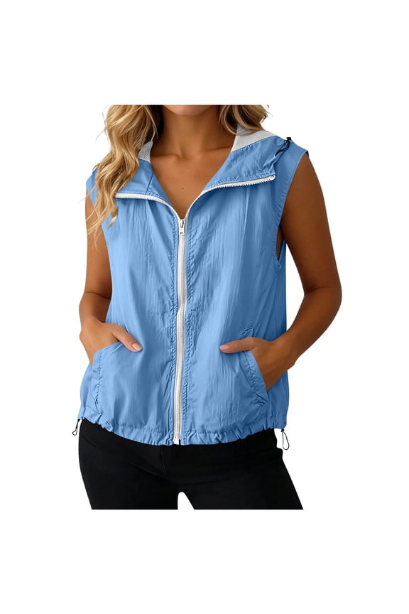 Hooded Vest for Women Sleeveless Zip Up Lightweight Breathable Mesh Shirts Drawstring Summer Outdoor Sun Protection Top with Pockets,Blue