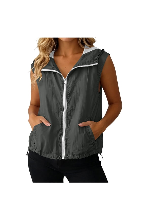 Hooded Vest for Women Zip Up Lightweight Softshell Sleeveless Jacket Drawstring Hiking Travel Golf Womens Vest with Pockets