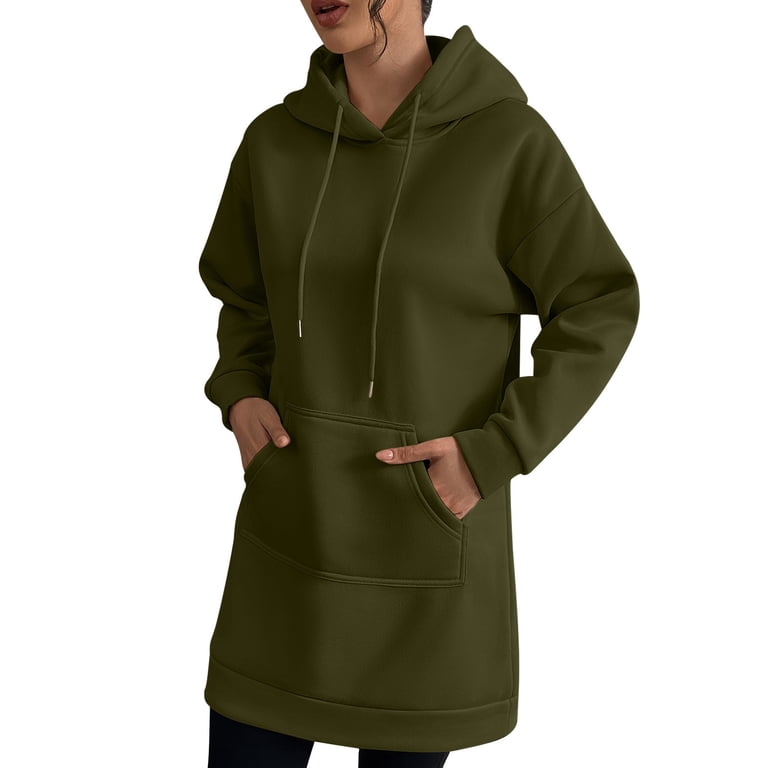 OGLCCG Hoodie Dress for Women Long Sleeve Fleece Hooded Sweatshirts Dresses  with Pocket Fall Winter Casual Drawstring Pullover Tunic Tops,L,Army Green  - Walmart.com