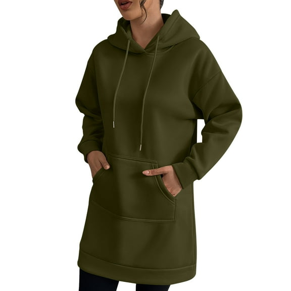 OGLCCG Hoodie Dress for Women Long Sleeve Fleece Hooded Sweatshirts Dresses with Pocket Fall Winter Casual Drawstring Pullover Tunic Tops,XXL,Army Green