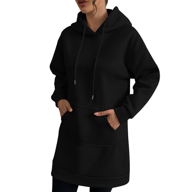 OGLCCG Hoodie Dress for Women Long Sleeve Fleece Hooded Sweatshirts Dresses with Pocket Fall Winter Casual Drawstring Pullover Tunic Tops,L,Black