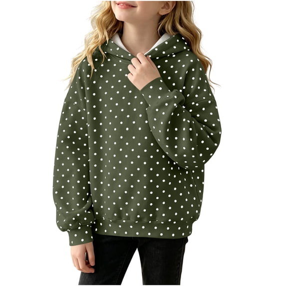 OGLCCG Hoodies for Teen Girls Trendy Preppy Hooded Tops Cute Polka Dot Print Long Sleeve Sweatshirts for Girls(Army Green,13-14 Years)
