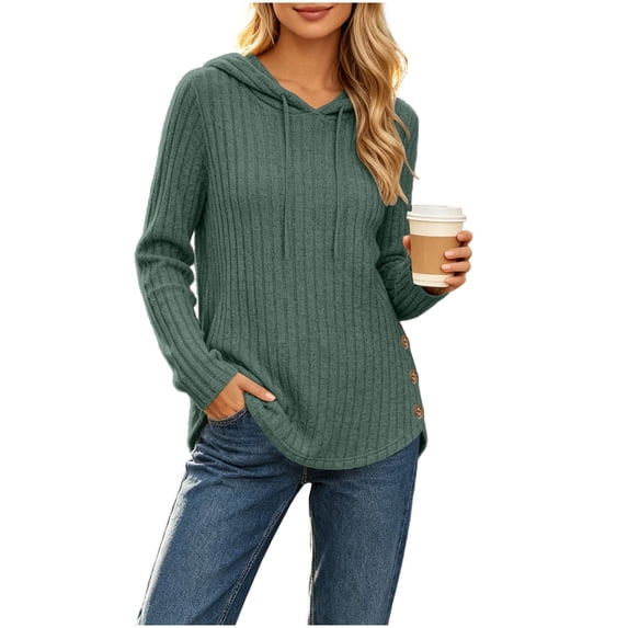 OGLCCG Hoodies for Women Ribbed Knit Sweatshirts Drawstring Long Sleeve Tops Side Button Hooded Pullover S-XXL