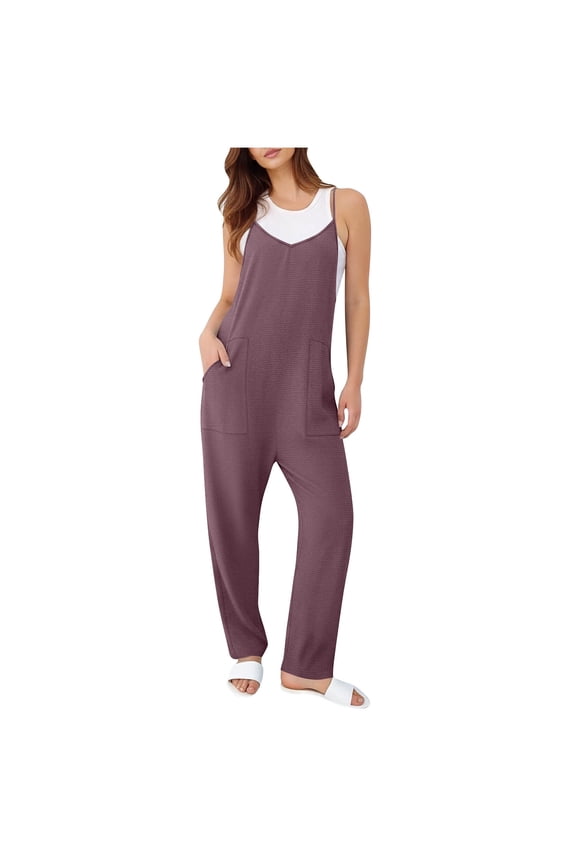 Jumpsuits for Women Casual Summer Spaghetti Strap Wide Leg Long Rompers Trendy Comfy Beach Vacation Overalls Jumpers with Pockets,XL,Purple