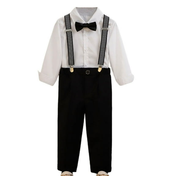 OGLCCG Kids Boy Clothes Suit, Long Sleeve Button Formal Dress Shirt with Bowtie Suspender Pants Boy Gentleman Wedding Outfits 1-12 Years
