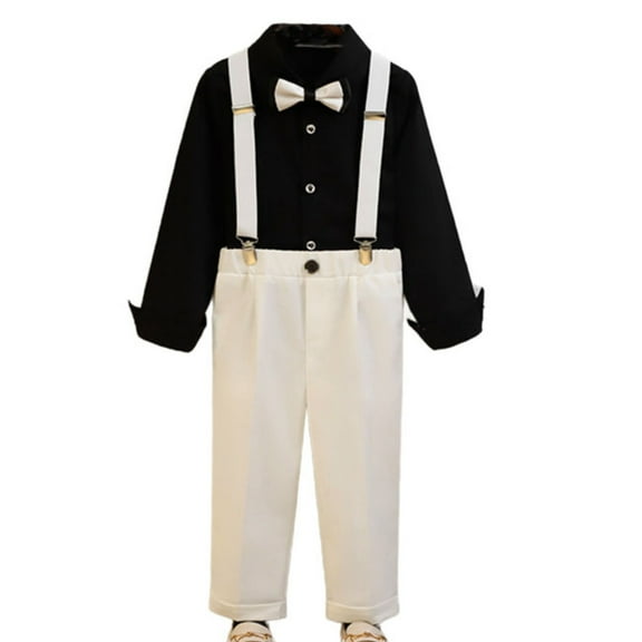 OGLCCG Kids Boy Clothes Suit, Long Sleeve Button Formal Dress Shirt with Bowtie Suspender Pants Boy Gentleman Wedding Outfits 1-12 Years