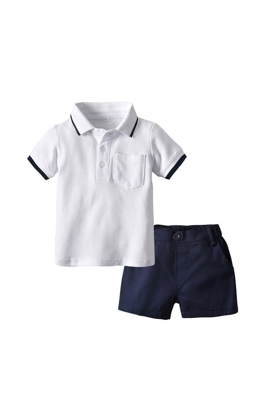 Kids Boys 2 Piece Outfits Set Short Sleeve School Uniform Shirts and Pull-on Shorts Summer Casual Dess Clothes 0-10 Years