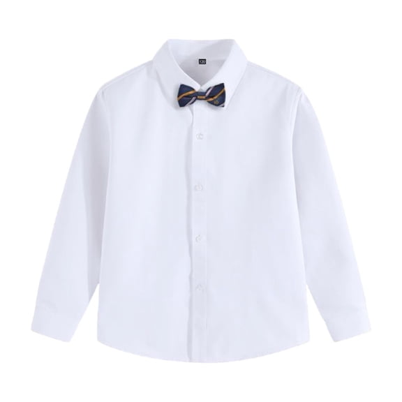 OGLCCG Kids Boys Button Down Dress Shirt Long Sleeve School Uniform Shirts with Bow Tie Set Solid Color Casual Loose Fit Formal Shirts 3-15 Years