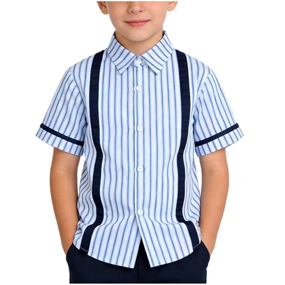 OGLCCG Kids Boys School Uniform Striped T Shirt Lapel Collar Short Sleeve Button Down Tees Tops Comfortable Soft Pull On Dress Shirts 2-12 Years