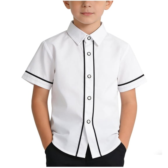 OGLCCG Kids Boys School Uniform Striped T Shirt Lapel Collar Short Sleeve Button Down Tees Tops Comfortable Soft Pull On Dress Shirts 2-12 Years