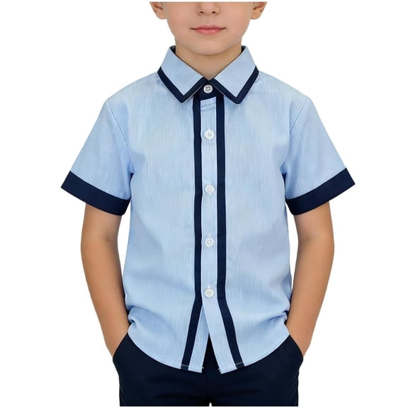 OGLCCG Kids Boys School Uniform Striped T Shirt Lapel Collar Short Sleeve Button Down Tees Tops Comfortable Soft Pull On Dress Shirts 2-12 Years