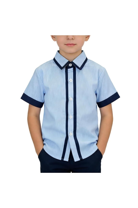 Kids Boys School Uniform Striped T Shirt Lapel Collar Short Sleeve Button Down Tees Tops Comfortable Soft Pull On Dress Shirts 2-12 Years