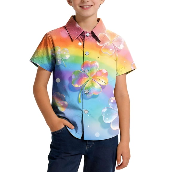 OGLCCG Kids Boys St.Patrick's Day Shirt Irish Clover Printed Short Sleeve Button Down Shirts Loose Fit Summer Casual Funny Hawaiian Shirt 2-15 Years