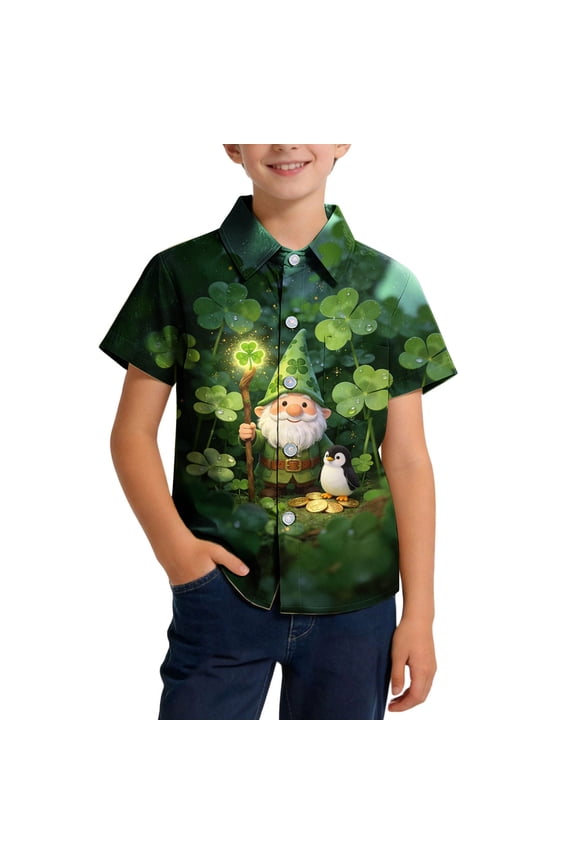 Kids Boys St. Patrick's Day T Shirts Shamrock Graphic Short Sleeve Button Down Tees Funny St Patty's Irish T-Shirt Tops 2-15 Years