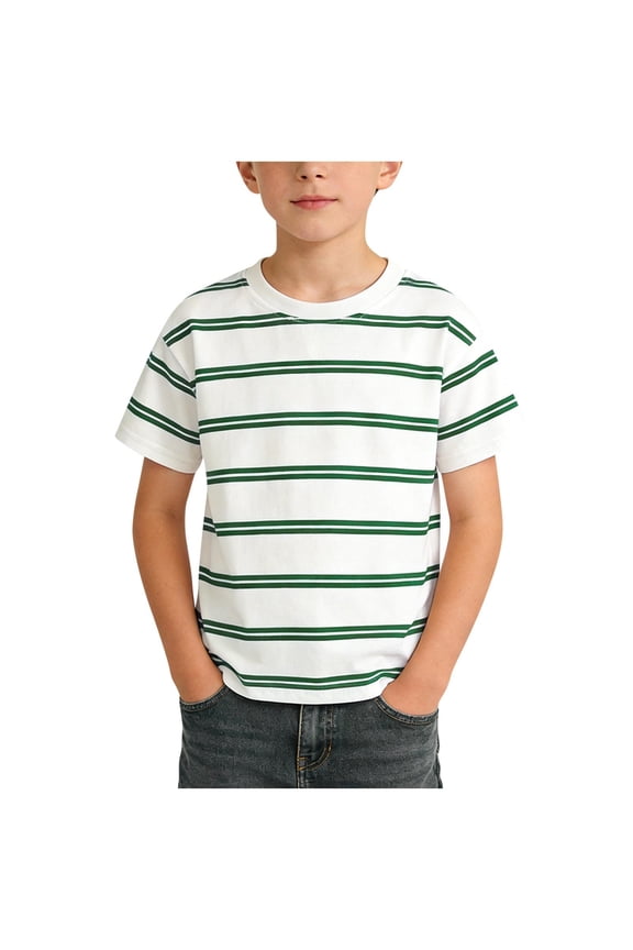 Kids Boys Striped T-Shirt Short Sleeve Crewneck Classic Cotton Summer Tee Top Lightweight Loose Fit Beach Tshirts 1-12 Years