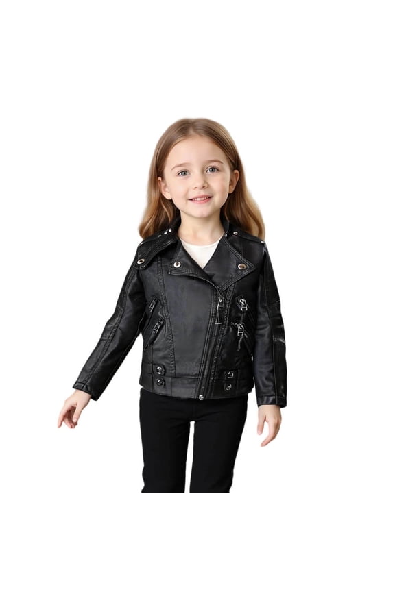 Kids Faux Leather Biker Jacket Zipper Motorcycle PU Leather Coats with Lapel Collar PU Bomber Jackets with Pockets for Boys Girls 2-14 Years
