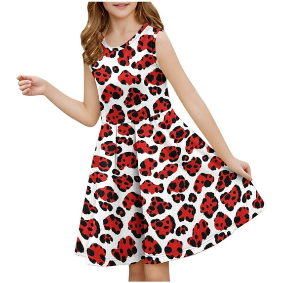 OGLCCG Kids Girl's Dresses Leopard Print Crewneck Sleeveless Tiered Swing A-Line Cute Midi Casual Sundress Summer Flowy Dress 3-14 Years