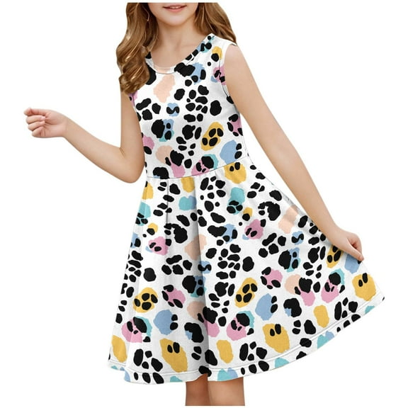 OGLCCG Kids Girl's Dresses Leopard Print Crewneck Sleeveless Tiered Swing A-Line Cute Midi Casual Sundress Summer Flowy Dress 3-14 Years