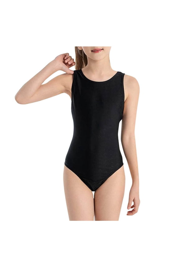 Kids Girls Athletic Swimsuit One Piece Solid Swimwear for Practice Training Quick Dry Summer Bathing Suit 6-16 Years