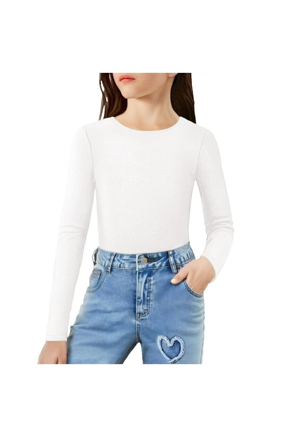 Kids Girls Basic Thermal Underwear Tops Winter Crew Neck Solid Color Long Sleeve Undershirt Soft Warm Stretch Tops for Girls 1-15 Years