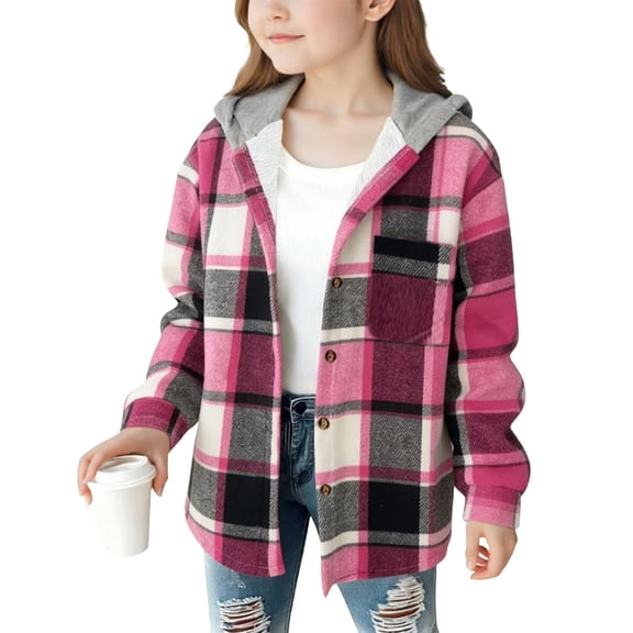OGLCCG Kids Girls Button Down Shacket Jacket Lightweight Long Sleeve Plaid Hooded Jacket with Pocket Casual Loose Fit Shirts Jacket 4-15 Years