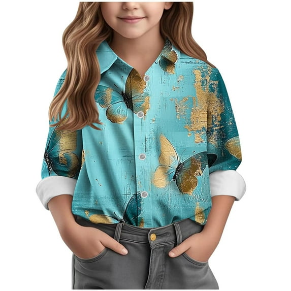 OGLCCG Kids Girls Button Down Shirts Floral Printed Long Sleeve Casual Blouse Tops 2025 Spring Summer Loose Fit T-Shirts 3-16 Years