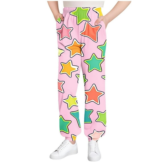 OGLCCG Kids Girls Casual Long Pants Fashion Stars Printed Wide Leg Y2K Tapered Pants With Pockets Fall Lightweight Lounge Trousers 3-15 Years