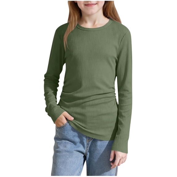 OGLCCG Kids Girls Long Sleeve Shirts Crewneck Ruched Side Slim Fit Pullover Tops Lightweight Ribbed Knit Casual Tee Shirt 5-16 Years