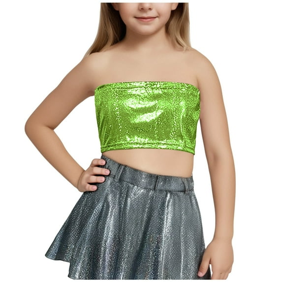 OGLCCG Kids Girls Sequin Dance Crop Tops Jazz Hip Hop Shiny Metallic Strapless Tube Crop Tank Top Cheerleading Dance Costume Dancewear