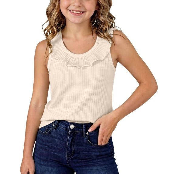 OGLCCG Kids Girls Summer Camisole Ruffle Ribbed Tank Tops for Beach Vacation Crewneck Sleeveless Shirts 1-10 Years