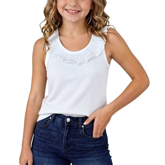 OGLCCG Kids Girls Summer Camisole Ruffle Ribbed Tank Tops for Beach Vacation Crewneck Sleeveless Shirts 1-10 Years
