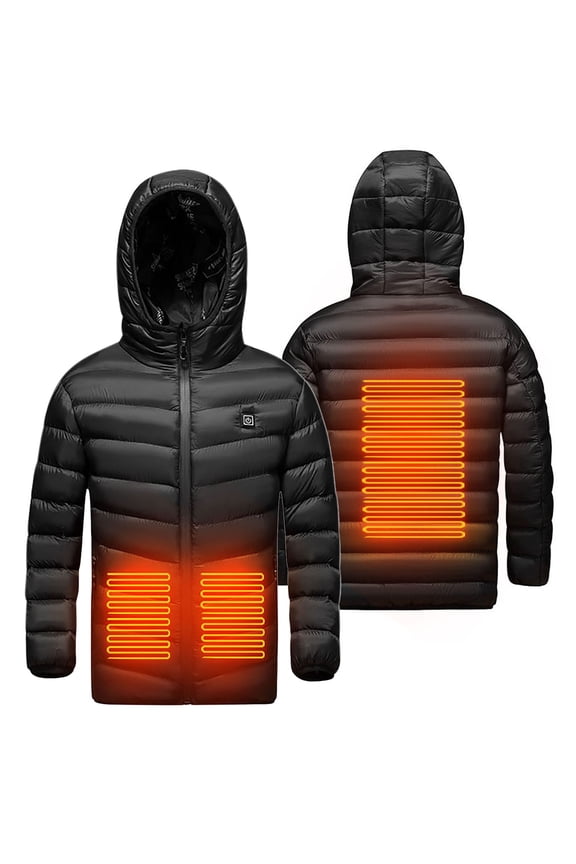 Kids Heated Puffer Jacket USB Electric Heating Coat with Hood for Boys and Girls Body Warmer Full Zip Heated Outwear with Pockets 4-15 Years