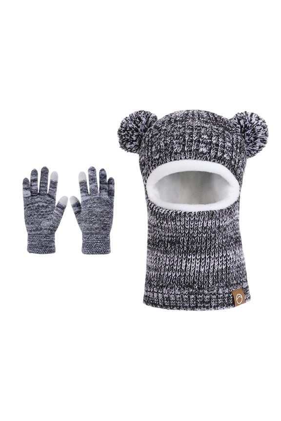 Kids Winter Balaclava Hats Gloves Set 3-in-1 Fleece Lined Windproof Scarf & Face Mask Skull Caps Cable Knit Gloves for Cold Weather 4-10 Years