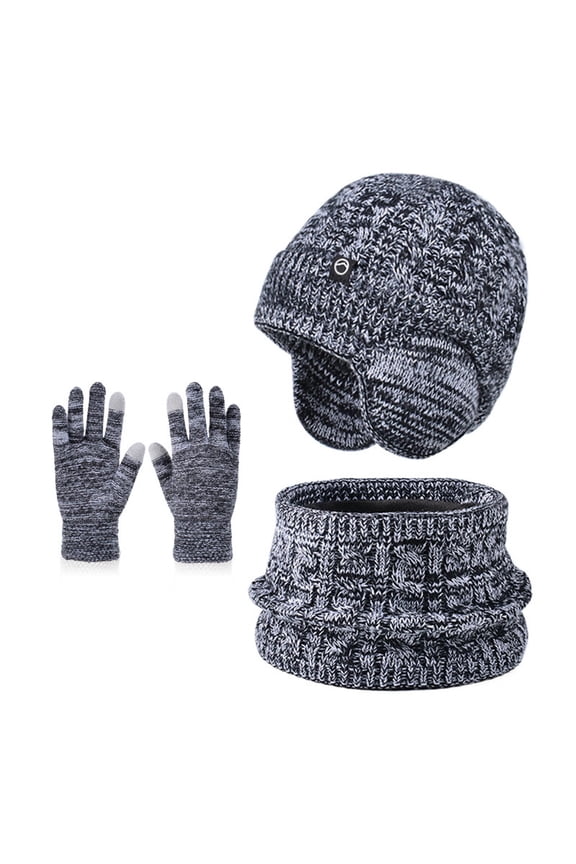 Kids Winter Hat Scarf Gloves Set 3Pcs, Fleece Lined Beanie With Earmuffs Double Layer Scarf Touchscreen Gloves for Boys Girls 6-13 Years