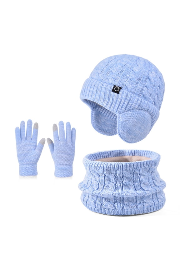 Kids Winter Hat Scarf Gloves Set 3Pcs, Fleece Lined Beanie With Earmuffs Double Layer Scarf Touchscreen Gloves for Boys Girls 6-13 Years