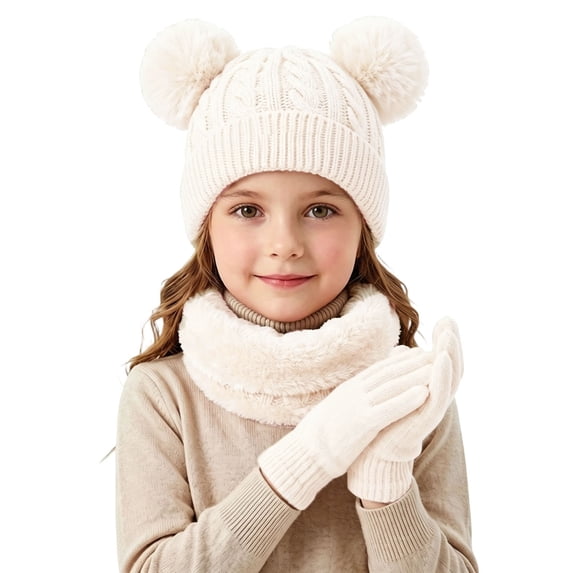 OGLCCG Kids Winter Hat Scarf Gloves Set Size 2-10 Girls Boys Fleece Lined Beanie Hat with Pom Knit Scarf Warm Mittens