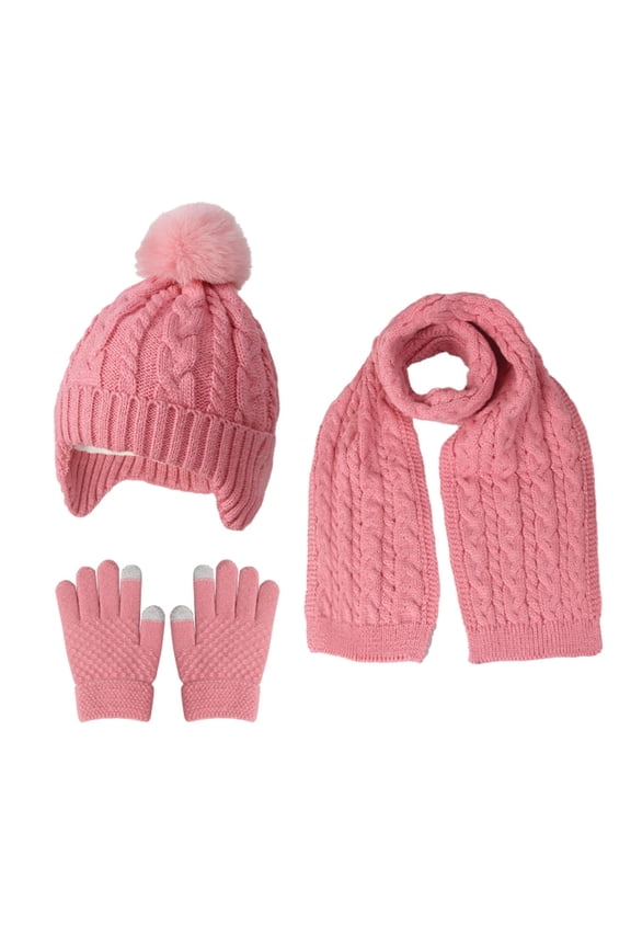 Kids Winter Hat Scarf Gloves Set, Girls Boys Winter Warm Fleece Lined Beanie Hat Knit Neck Scarf Touchscreen Gloves for Cold Weather 3-10 Years