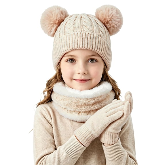 OGLCCG Kids Winter Hat Scarf Gloves Set Size 2-10 Girls Boys Fleece Lined Beanie Hat with Pom Knit Scarf Warm Mittens