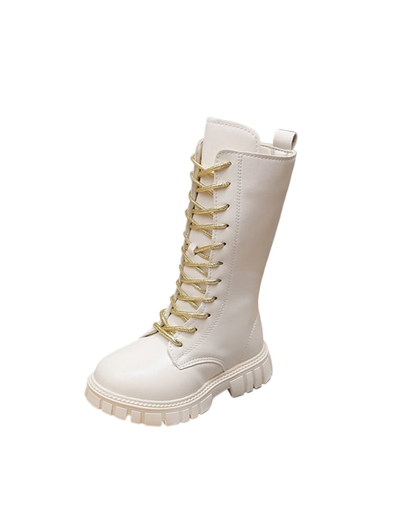 Lace Up Comfort Boots Girls Leather Side Zipper Round Toe Lug-Sole Mid Calf Booties Punk Goth Winter Boots for Little Big Kid