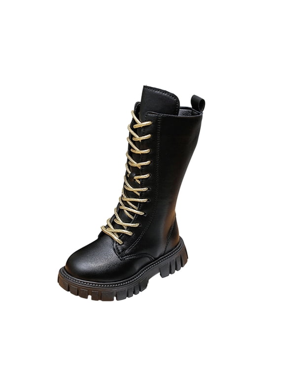 Lace Up Comfort Boots Girls Leather Side Zipper Round Toe Lug-Sole Mid Calf Booties Punk Goth Winter Boots for Little Big Kid