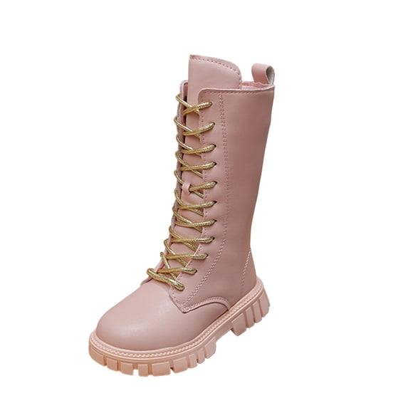 OGLCCG Lace Up Comfort Boots Girls Leather Side Zipper Round Toe Lug-Sole Mid Calf Booties Punk Goth Winter Boots for Little Big Kid