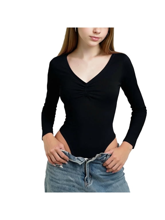 Leotards for Teens Girls Ballet V Neck Long Sleeve Cotton Leotard Slim Fit Gymnastics Dance Unitards Soft Stretchy Bodysuit Tops 3-15 Years