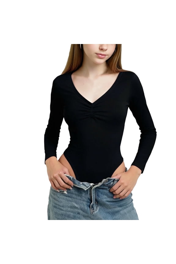 Leotards for Teens Girls Ballet V Neck Long Sleeve Cotton Leotard Slim Fit Gymnastics Dance Unitards Soft Stretchy Bodysuit Tops 3-15 Years