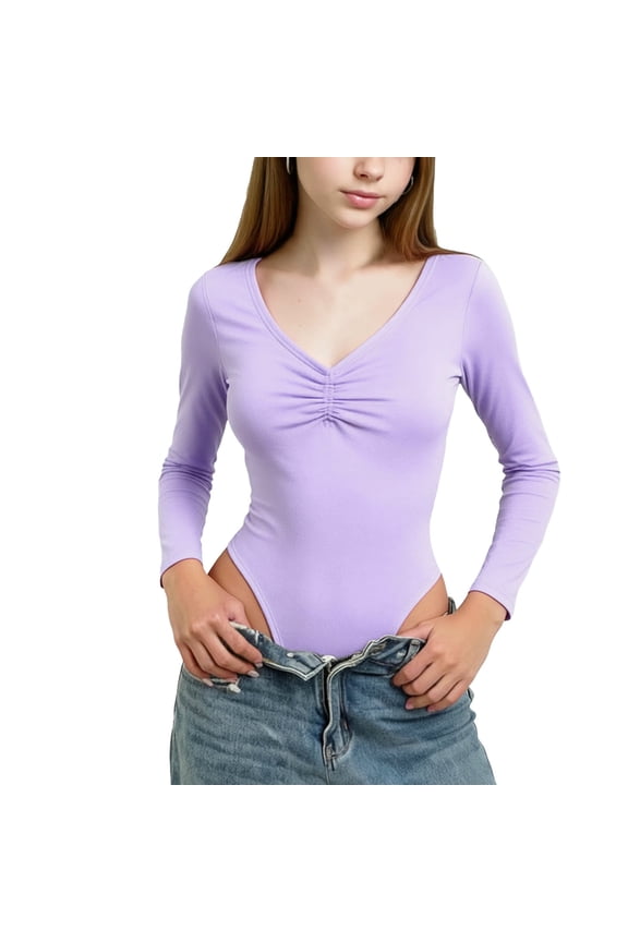 Leotards for Teens Girls Ballet V Neck Long Sleeve Cotton Leotard Slim Fit Gymnastics Dance Unitards Soft Stretchy Bodysuit Tops 3-15 Years