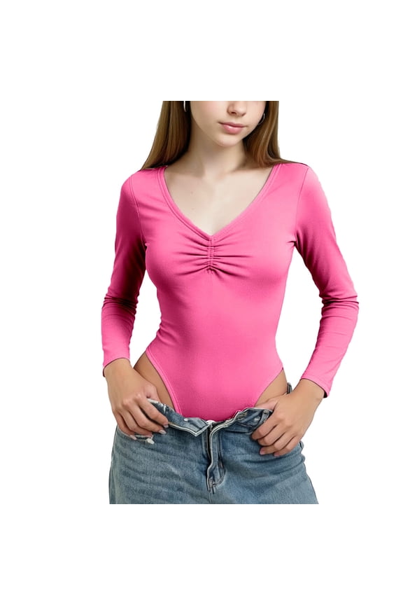 Leotards for Teens Girls Ballet V Neck Long Sleeve Cotton Leotard Slim Fit Gymnastics Dance Unitards Soft Stretchy Bodysuit Tops 3-15 Years